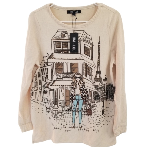 Love + Lace Sweaters - NWT Love + Lace Paris Themed Graphic Sweater Women's Size LG